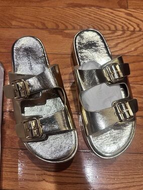Metallic Gold Double-Buckle Women's Slide Sandals